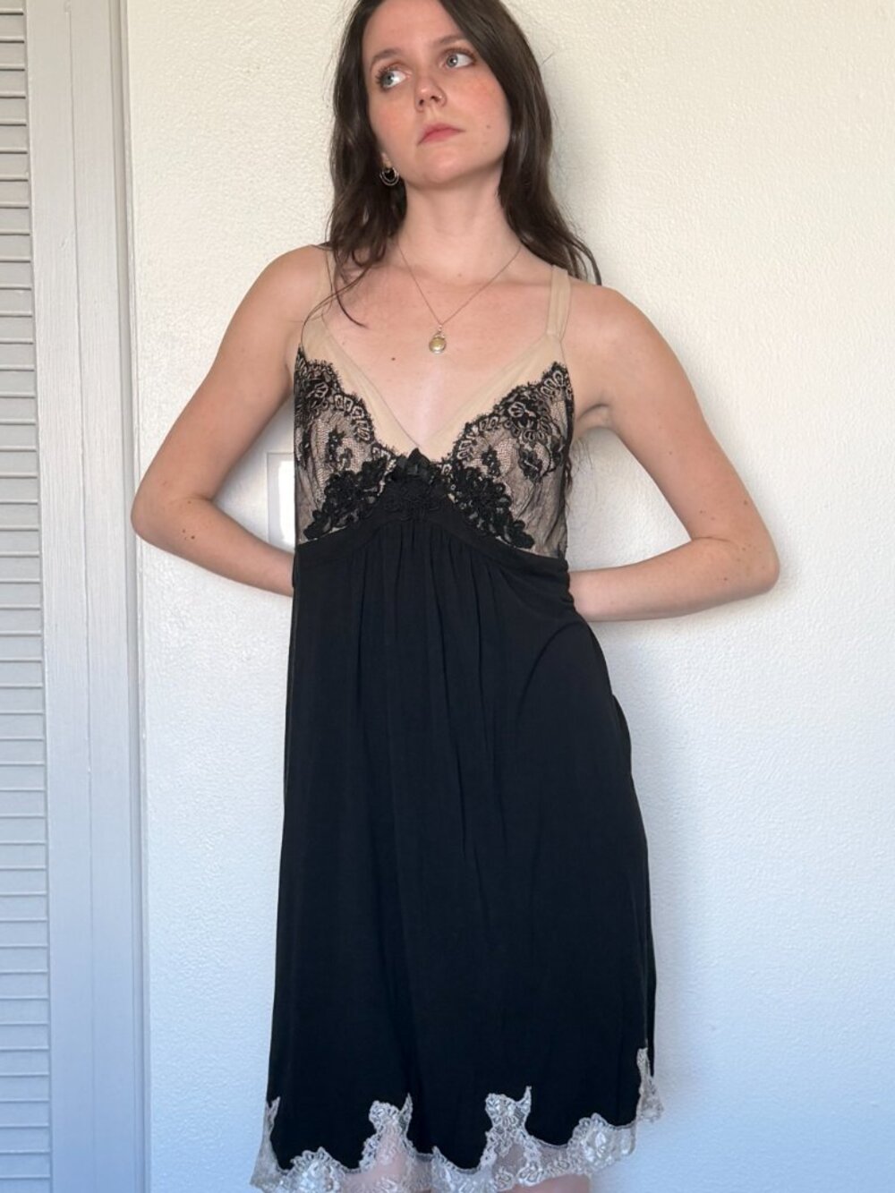 Y2K Mini Babydoll Dress (L) large black tan vintage lace sexy nightie glam goth - Picture 4 of 8